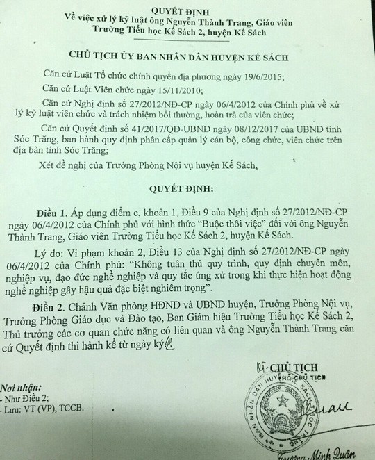 Buộc thôi việc thầy giáo sờ vào vùng nhạy cảm của nữ sinh - Ảnh 1.