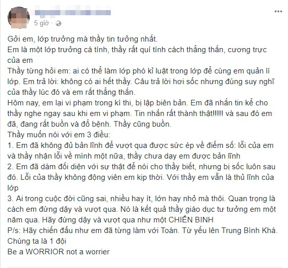 Tâm sự thầy giáo gửi lớp trưởng cá tính vi phạm quy chế thi khiến dân mạng xôn xao - Ảnh 1.