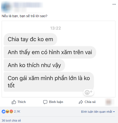 ‘Chia tay được không, anh thấy trên vai em có hình xăm’ - Thêm một lý do khiến cư dân mạng dậy sóng - Ảnh 1.