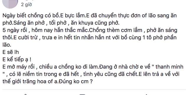 Biết chồng cặp kè bồ nhí, vợ ung dung nấu phở 5 ngày từ bữa sáng đến bữa đêm, hội chị em nể vì quá cao tay - Ảnh 1.