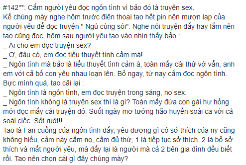 Cư dân mạng một lòng ủng hộ cô nàng chia tay bạn trai vì cấm đọc truyện ngôn tình - Ảnh 1.