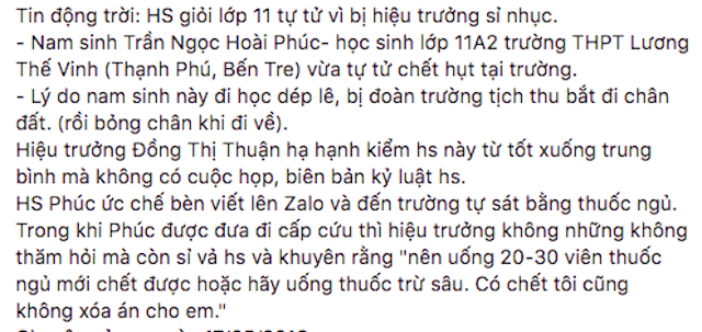 Vụ nam sinh lớp 11 tự tử vì bị hạ hạnh kiểm: Chỉ vì thầy giáo thu dôi dép không quai hậu - Ảnh 2.