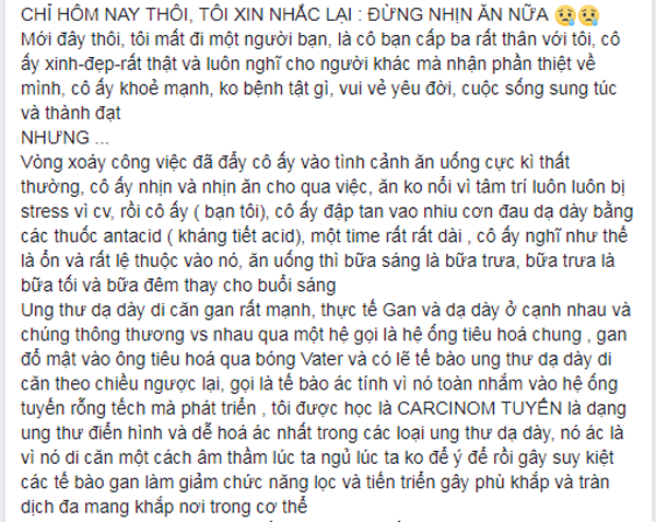 Hồi chuông cảnh tỉnh đừng nhịn ăn nữa từ cô gái mất đi người bạn thân vì ung thư dạ dày - Ảnh 1.