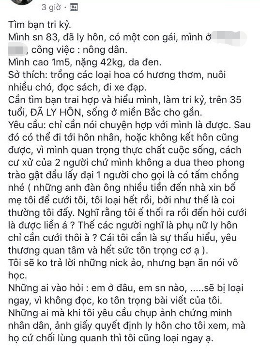 Đăng tin tìm tri kỷ với đủ thể loại điều kiện và giấy tờ chứng minh, mẹ đơn thân kém sắc bị ném đá rào rào  - Ảnh 1.