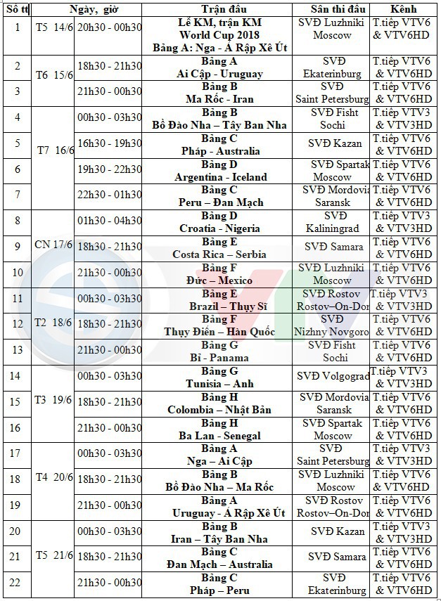 Toàn bộ lịch phát sóng World Cup 2018 trên các kênh của VTV - Ảnh 1.