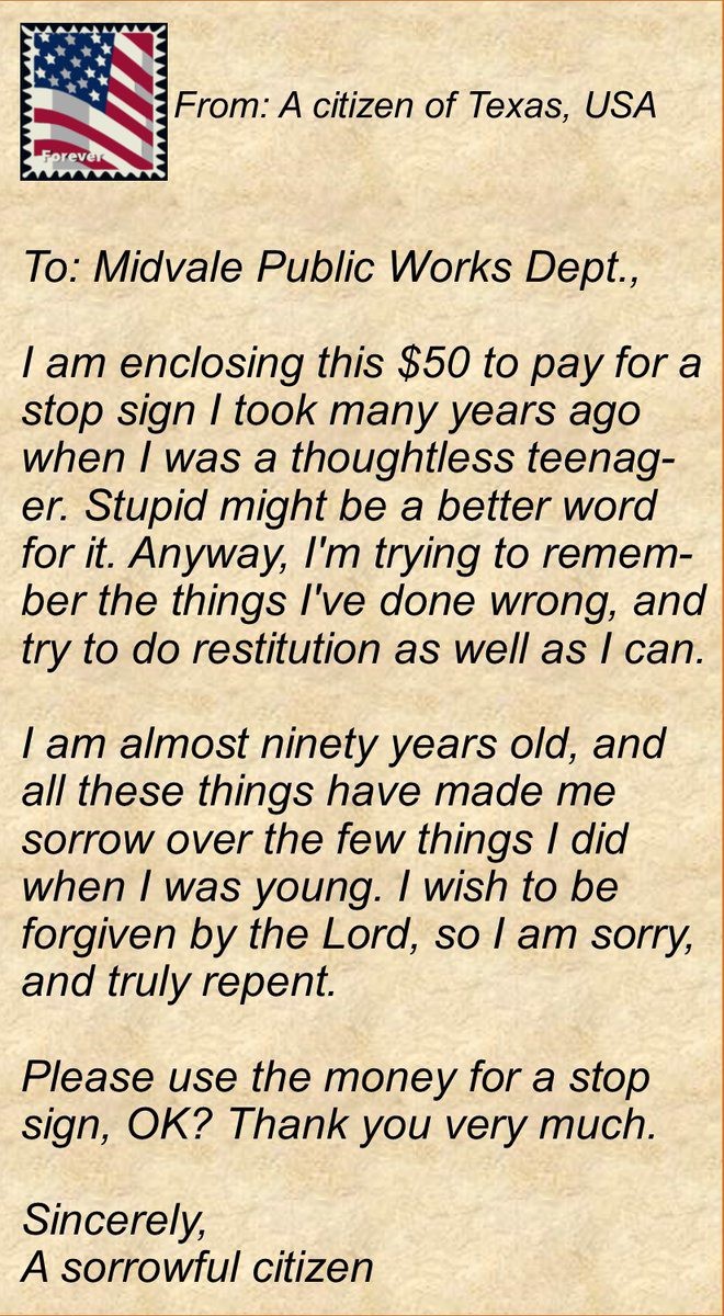 Ăn trộm biển báo giao thông từ 75 năm trước, cụ ông gửi thư xin lỗi kèm tiền bồi thường cho lỗi lầm thời “trẻ trâu” - Ảnh 2.