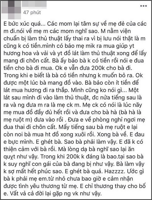 Chưa hết đau khổ vì lưu thai, cô gái lên mạng tố mẹ đẻ quỵt 200 nghìn đồng tiền mua lễ hộ - Ảnh 1.