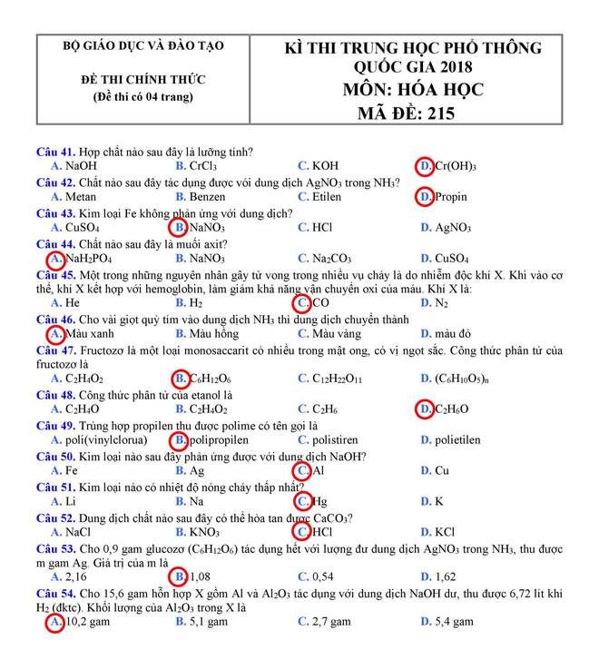 Gợi ý đáp án môn Hóa học THPT quốc gia 2018 - Ảnh 4.