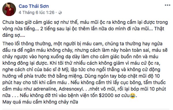 Cao Thái Sơn cấp cứu lúc nửa đêm vì chảy máu mũi liên tục và bất thường - Ảnh 1.