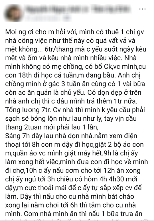 Mẹ bầu đau đầu vì ôsin ngày ngủ trưa 4 tiếng, chỉ nấu 1 bữa cơm, tháng nhận lương 7 triệu mà còn than mệt - Ảnh 1.