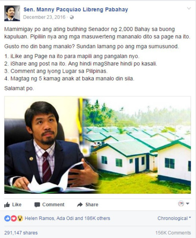 Hứa hẹn tặng 60 ngôi nhà, trang Facebook Manny Pacquiao giả mạo khiến dân mạng Philippines điên đảo - Ảnh 4.