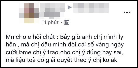 Anh chị ly dị, chị dâu đòi số vàng cưới bố mẹ đẻ cho, em chồng lên hỏi ý kiến liền bị “ném đá” tới tấp - Ảnh 1.