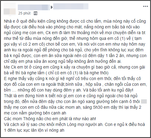 Cạn lời với cô em chồng về chơi nhà mẹ đẻ, tiện thể đuổi cháu ruột ra ngoài ngủ để chiếm dụng cái điều hòa - Ảnh 1.