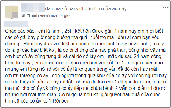 Chồng trẻ sốc nặng khi phát hiện vợ có nguy cơ vô sinh do tàn dư tuổi trẻ, từng vá trinh để lừa chồng - Ảnh 1. Chồng trẻ sốc nặng khi phát hiện vợ có nguy cơ vô sinh do tàn dư tuổi trẻ, từng vá trinh để lừa chồng - Ảnh 1.