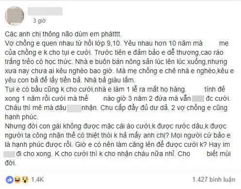 Yêu 10 năm, đẻ 2 mặt con vẫn không được mặc váy cưới, nàng dâu tức tối đăng đàn đay nghiến mẹ chồng - Ảnh 1.