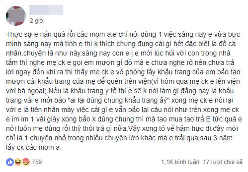 Mẹ chồng hỏi mượn chiếc khẩu trang, nàng dâu trẻ hậm hực lên mạng nói xấu, chị em đồng lòng hỏi khẩu trang em dệt bằng vàng ư? - Ảnh 1.