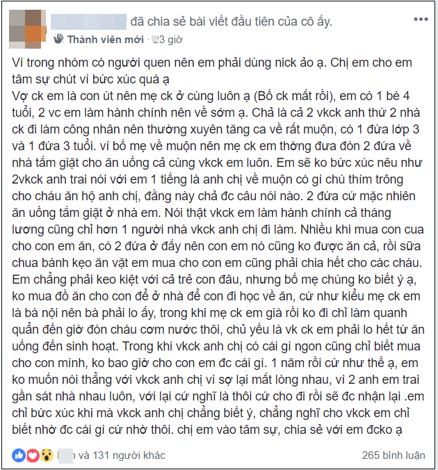 Anh chị chồng gửi con nheo nhóc tại nhà nhưng không chịu góp tiền, em dâu bức xúc nhờ hội bỉm sữa cho cao kiến - Ảnh 1.