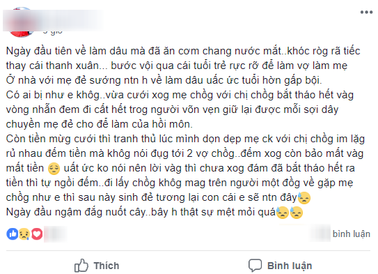 Nàng dâu khóc kể ngày đầu ở nhà chồng: Chưa cởi váy cưới đã bị ép tháo vàng, tiền mừng mẹ chồng vơ sạch chẳng cho 1 xu - Ảnh 1.