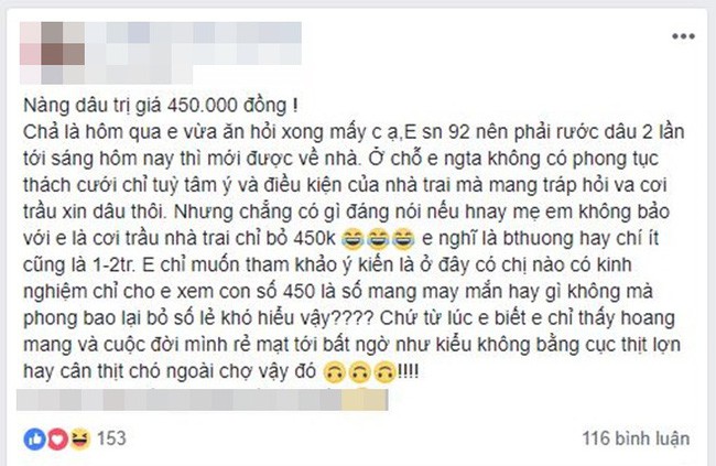 Cô gái than thở nhà trai chỉ bỏ 450k vào lễ ăn hỏi, hội chị em đồng loạt xúm vào khuyên nhủ điều này - Ảnh 1.