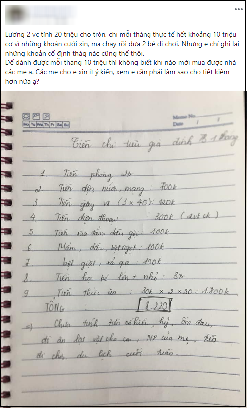 Chị em tròn mắt với bảng chi tiêu tiết kiệm 8 triệu cho 4 người, nhưng nhìn tiền thức ăn thì lắc đầu ngán ngẩm - Ảnh 1.