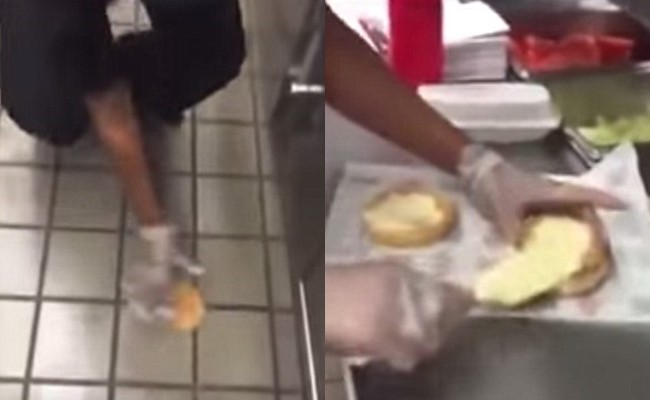 Clip: Nhân viên nhà hàng đồ ăn nhanh chùi bánh burger xuống sàn rồi đưa ra phục vụ khách - Ảnh 2.