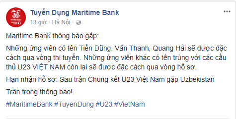  Maritime Bank chơi trội đặc cách tuyển dụng cho ứng viên trùng tên với cầu thủ đội tuyển U23 Việt Nam  - Ảnh 1.