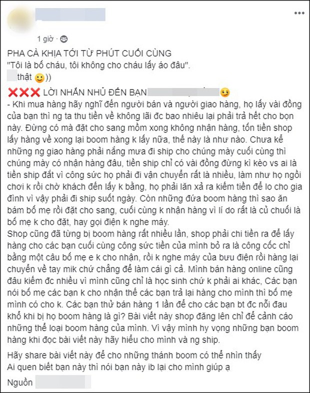 Pha boom hàng sốc tận óc của một nữ sinh: Năm lần bảy lượt đòi hủy order, đến ngày ship hàng thì xuất hiện tin nhắn tôi là bố của cháu - Ảnh 1.