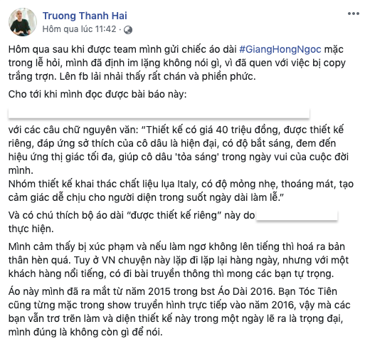 Giang Hồng Ngọc lên tiếng sau lùm xùm bị tố áo dài cưới là hàng nhái - Ảnh 1.