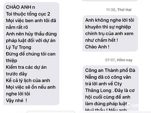 Đà Nẵng: Điều tra vụ tự xưng nhân viên Tổng cục 2 nhắn tin dọa Giám đốc BQLDA - Ảnh 1.