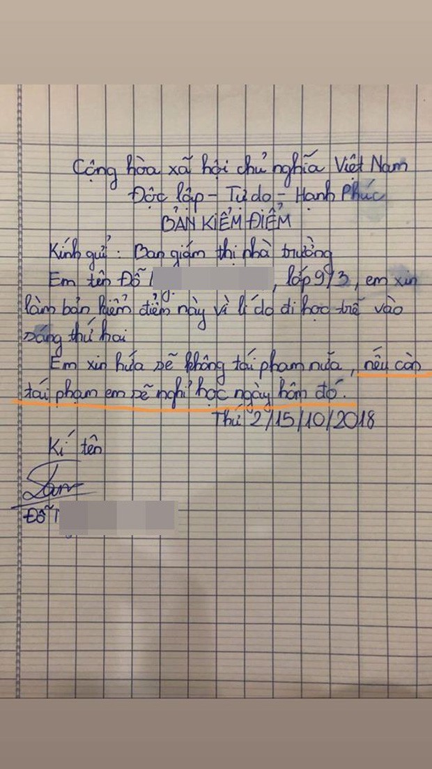 Cười bò trước lời hứa bá đạo trong bản kiểm điểm đi học muộn của học sinh: Nếu còn tái phạm em sẽ nghỉ học ngày hôm đó - Ảnh 1.