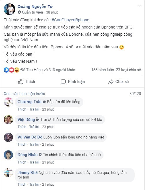 Lần đầu tiên kết nối Facebook, CEO Nguyễn Tử Quảng công bố gì về Bphone 4? - Ảnh 1.