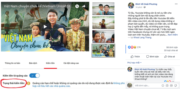 Khoai Lang Thang bị Youtube tắt trạng thái kiếm tiền, chia sẻ buồn rầu vì làm nội dung tử tế nhưng lại bị hạn chế người xem - Ảnh 1.