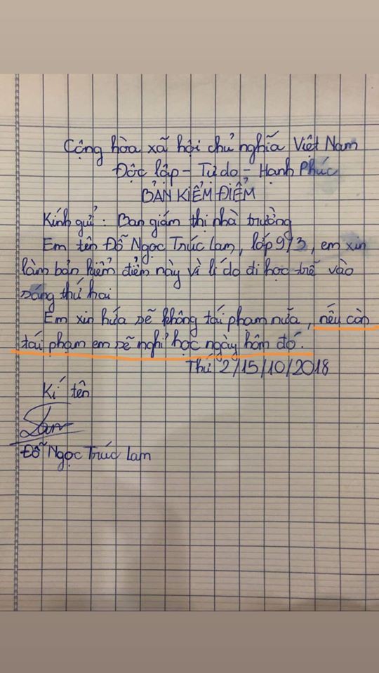 Học sinh cấp 2 viết bản kiểm điểm vì đi học muộn, đọc đến lời cam kết, dân mạng cười ngặt nghẽo vì vừa ngây ngô, vừa lầy lội khó đỡ - Ảnh 2.