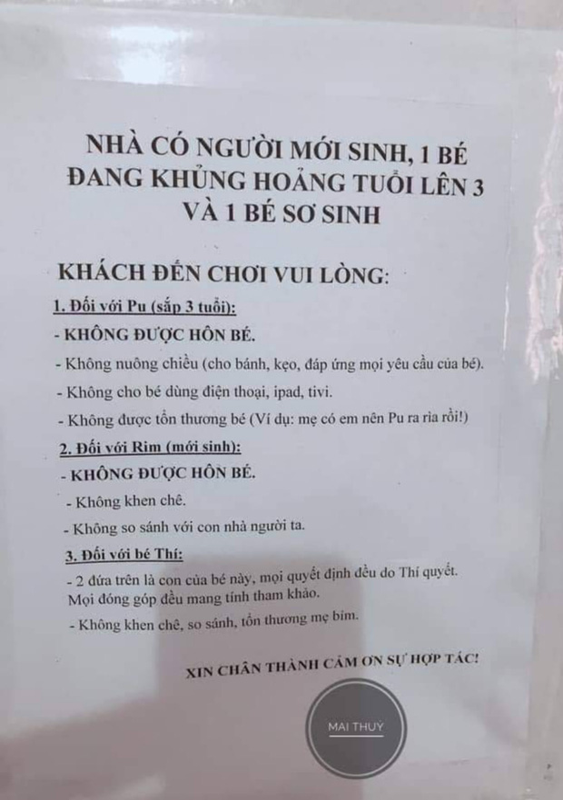 Tờ giấy quy định khi đến nhà của gia đình có 1 trẻ sơ sinh và 1 bé đang khủng hoảng tuổi lên 3 gây bão MXH - Ảnh 1.