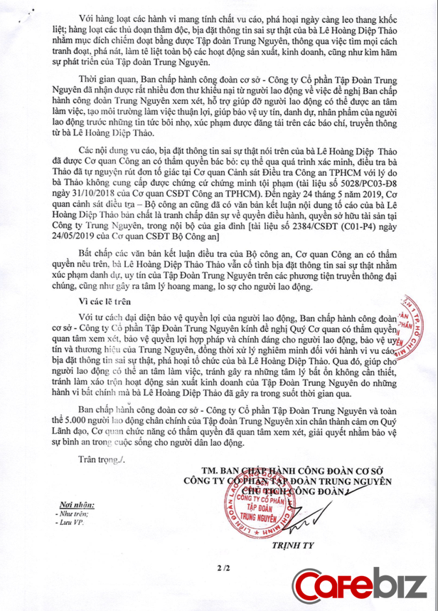 5.000 nhân viên Trung Nguyên viết tâm thư tố cáo bà Lê Hoàng Diệp Thảo “bịa đặt, phá hoại bằng thủ đoạn thâm độc” - Ảnh 2.