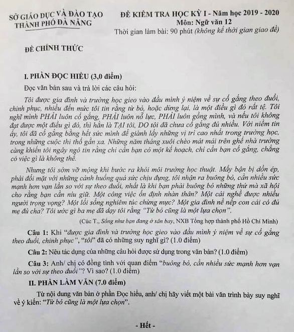 Đề thi văn Từ bỏ cũng là một lựa chọn của TP Đà Nẵng gây tranh cãi: Người khen hay, người chê tiêu cực - Ảnh 1.