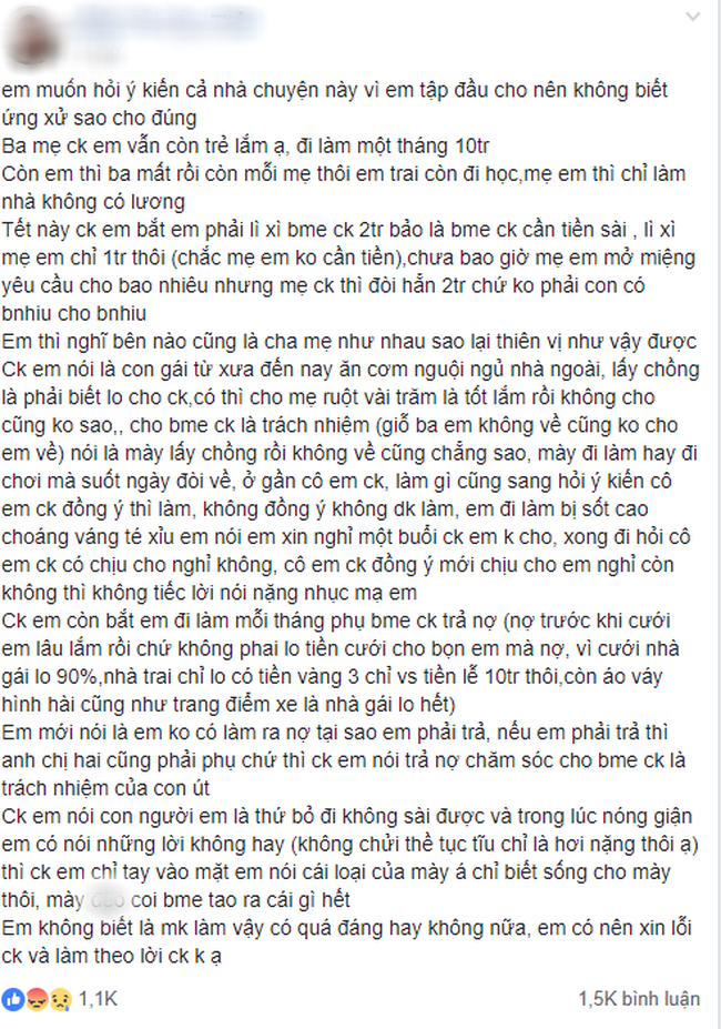 Từ chuyện chồng bắt lì xì nhà nội 2 triệu, nhà ngoại 1 triệu, hé lộ cuộc sống làm dâu khiến MXH phẫn nộ - Ảnh 1.