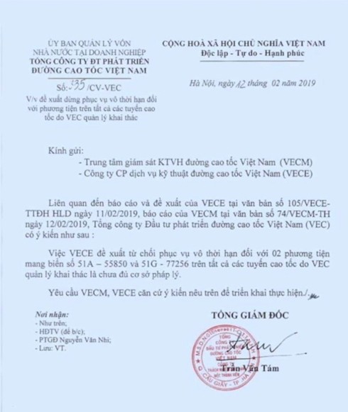 VEC thừa nhận ra văn bản “cấm xe” là không đúng thẩm quyền - Ảnh 1.