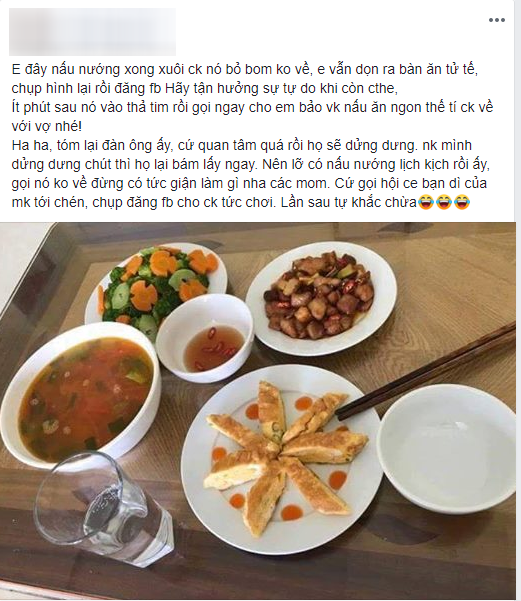 Nấu xong mâm cơm đẹp mắt mà chồng bỏ bom, vợ trẻ chụp hình đăng Facebook kèm dòng caption cực chất kéo ngay anh về nhà - Ảnh 1.