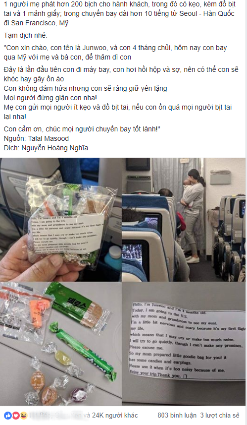 Cho con 4 tháng tuổi đi máy bay, bà mẹ gửi kẹo và bịt tai cho 200 hành khách nhưng đáng chú ý là tờ giấy đính kèm - Ảnh 1.