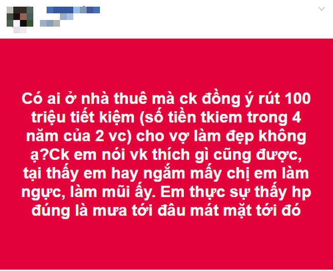 Khoe chồng rút 100 triệu cho mình đi nâng mũi, sửa ngực dù cả hai đang ở trọ, cô vợ khiến hội chị em dậy sóng - Ảnh 1.