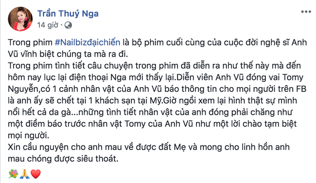 Nổi da gà khi Thúy Nga tiết lộ điều trùng hợp về sự ra đi của Anh Vũ và vai diễn cuối cùng của anh trên màn ảnh - Ảnh 2.