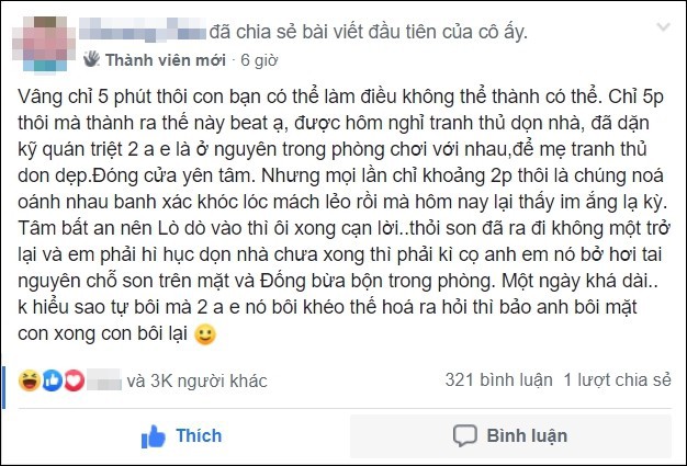 Sự im ắng khác thường trong phòng và 2 cậu con trai mặt mũi bê bết vết đỏ khiến mẹ trẻ đứng hình, cười trong nước mắt - Ảnh 1.