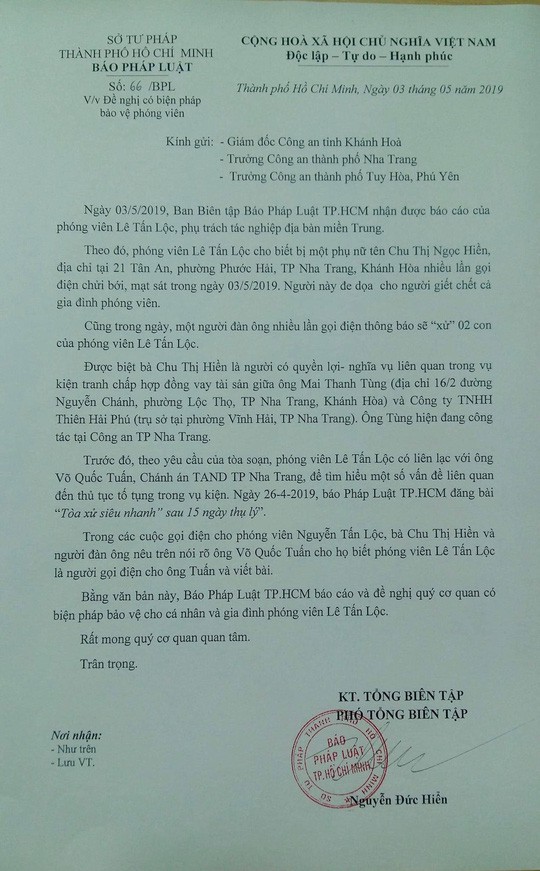 Một phóng viên Báo Pháp Luật TP HCM bị dọa “thanh toán cả gia đình” - Ảnh 1.