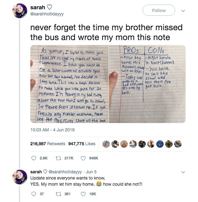 Trễ xe buýt, cậu bé viết tâm thư bày tỏ nguyện vọng nghỉ học gửi mẹ, không chỉ đạt được mục đích mà còn khiến dân mạng bái phục - Ảnh 3.
