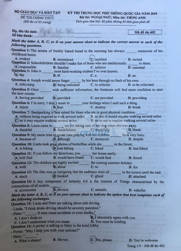 Cập nhật gợi ý đáp án môn tiếng Anh THPT Quốc gia 2019 tất cả 24 mã đề - Ảnh 7.