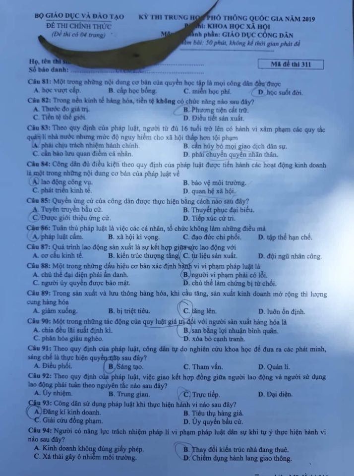 Cập nhật gợi ý đáp án môn Giáo Dục Công Dân THPT Quốc gia 2019 - Ảnh 29. Cập nhật gợi ý đáp án môn Giáo Dục Công Dân THPT Quốc gia 2019 - Ảnh 29.