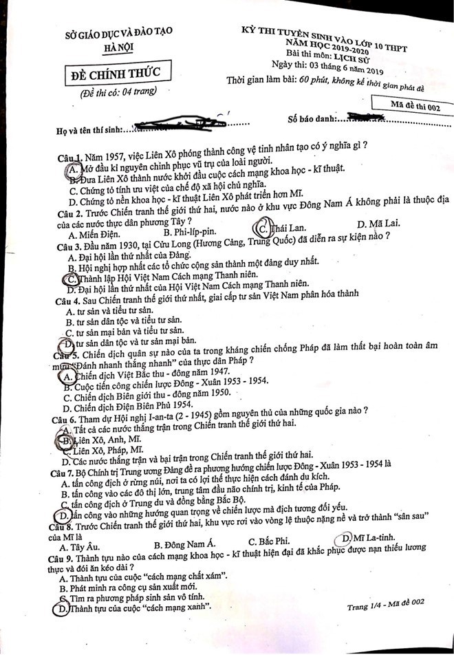 Đáp án đề thi môn Lịch sử lớp 10 tại Hà Nội năm 2019 - Ảnh 2.