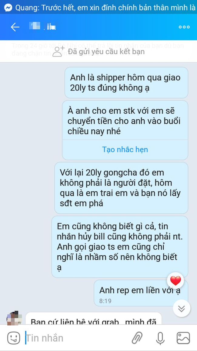 Cô gái bùng 20 ly trà sữa với tin nhắn trơ trẽn mình bom nha lên tiếng kêu oan, xin số tài khoản Grab để đền tiền - Ảnh 1.