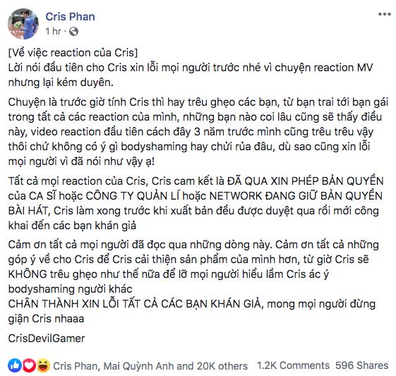 Cris Phan xin lỗi, giải thích việc body shaming mẫu nữ trong MV của Sơn Tùng M-TP: Mình hay trêu ghẹo các bạn, chứ không có ý gì - Ảnh 3.